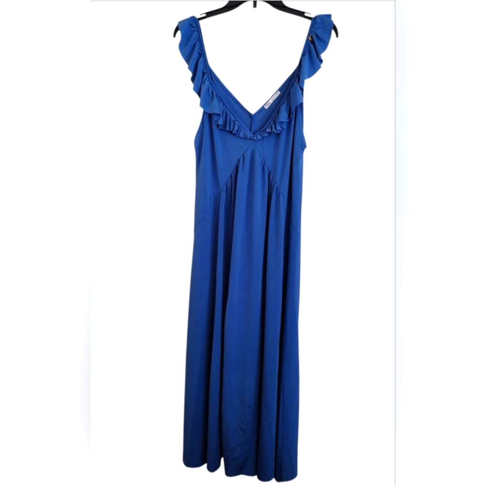 Zara Vibrant Blue Satin Ruffle Sleeveless Maxi Dress Size Large